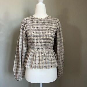 Plaid Smocked Peplum Top - Black and Cream